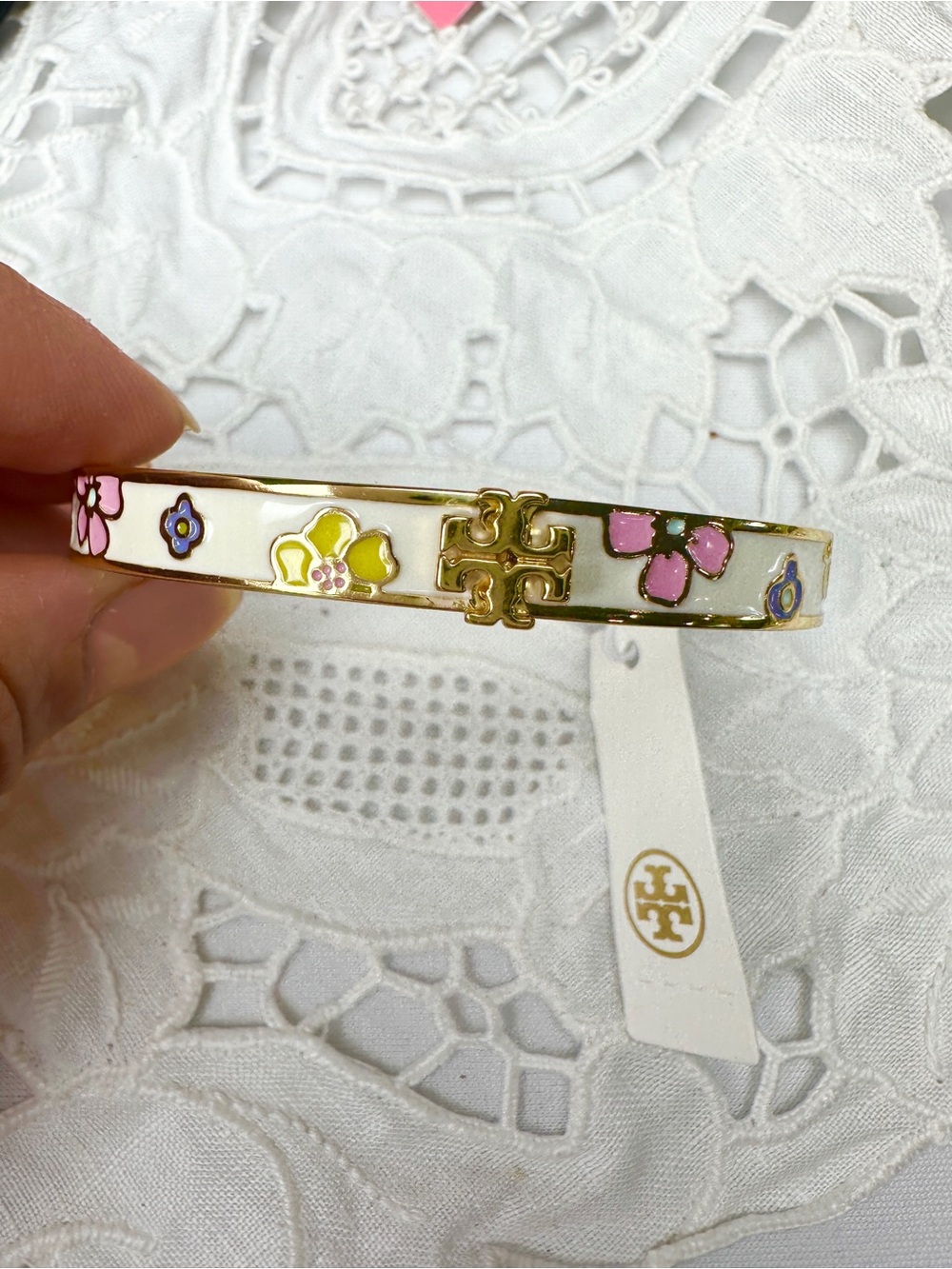 Tory Burch White Enamel Floral Logo Hinge Bangle with Pastel Accents